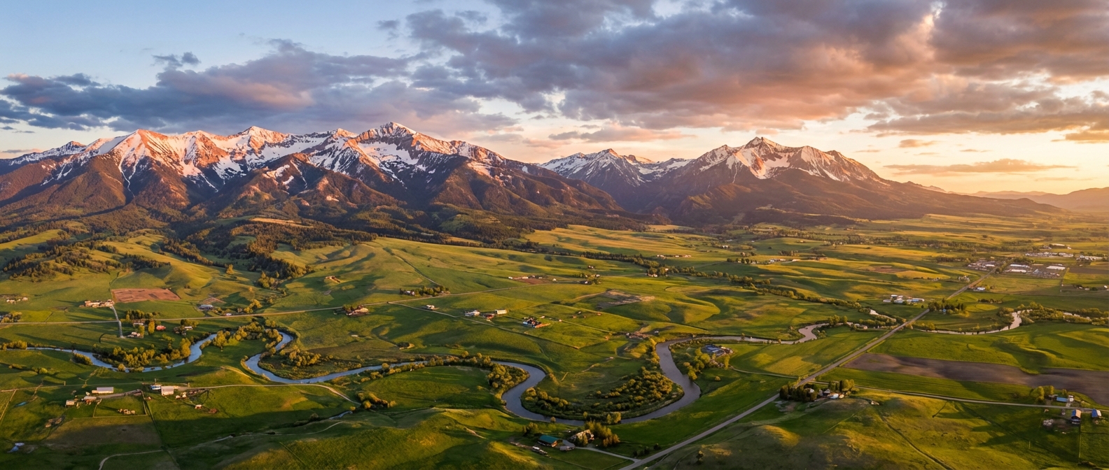 Dramatic wide aerial panorama of Montana Rocky Mountains with Gallatin Valley